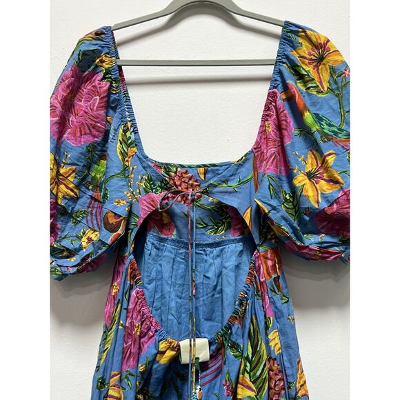 FARM RIO Toucans Garden Midi Dress In Blue Size XS Puff Sleeve Multicolor NEW - Picture 5 of 14